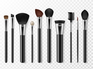 Makeup brushes. Realistic professional makeup artist tools for model face, fashion accessory for cosmetics, woman style vector set