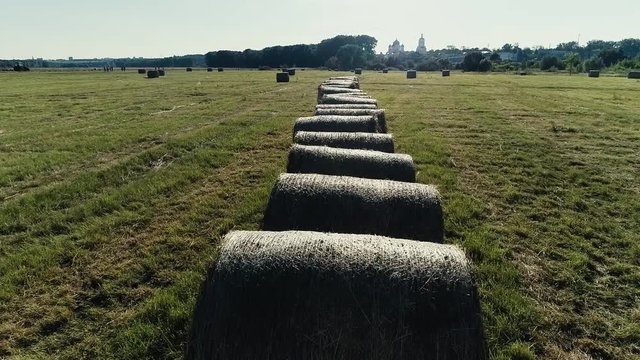 Span on a quadrocopter over haystask.Agriculture. Aerial view. From above.