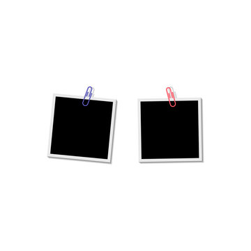 Photo frame with clip on white background with shadow effects. Template, blank.