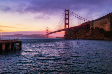 Golden Gate Bridge at sunset over San Francisco Bay