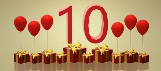 Birthday 10. 3D image Birthday. 10 years. Gifts and balls. 10th anniversary rotating card. - obrazy, fototapety, plakaty