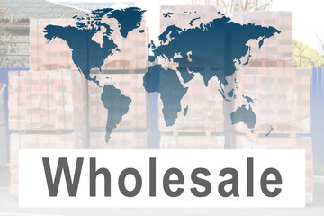 Wholesale business. World map and blurred pallets with bricks on background