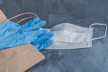 medical mask and blue nitrile medical gloves with an eco package for food delivery