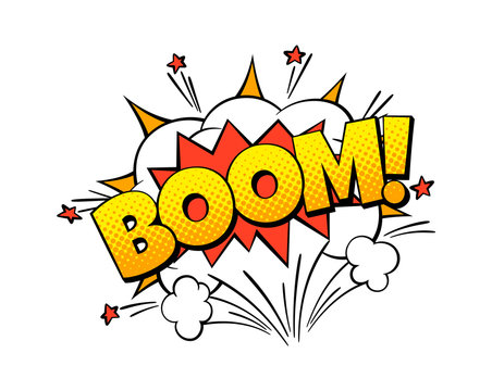 Boom comic word. Color art bubble shape with bomb explosion effect cartoon vector speech sticker