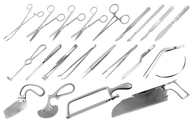 Surgical instruments set. Tweezers, scalpels, Liston s knife, clamp, scissors, Folkman hook, Meyer forceps, needle, Langenbek saw, Satterlee saw, Charriere bone saw, Bergman Engel Plaster saws. Vector