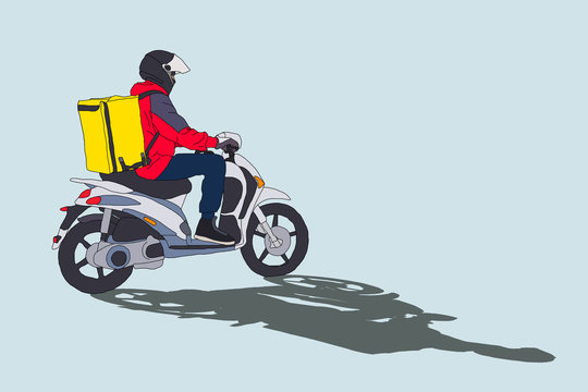 modern creative delivery concept illustration featuring delivery man rinding shipping scooter, isolated. Male character in helmet riding motorcycle