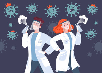 Doctors against very angry coronavirus. Two medical workers in flat cartoon style wearing protective elements, face masks, gloves and protective shields on heads spray antiseptic on virus.