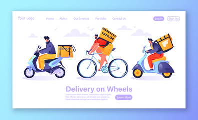 Concept of homepage for web site on delivery service theme. Couriers on mopeds with backpacks carry orders and parcels with food, essentials, and household products. Cartoon, flat style, vector.