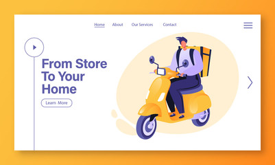 Landing page concept with flat cartoon character riding on yellow motorcycle. Man work as a courier. Delivery service, food, household items and products. Vector illustration, template for web site.