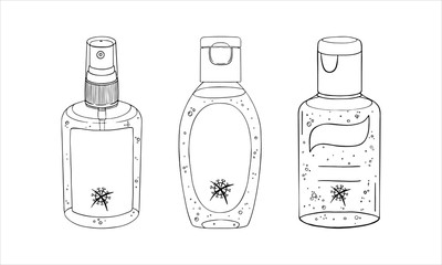 Set template bottle gel antiseptic hands. Personal hygiene product. Sanitizer dispenser disinfects, protects coronavirus bacteria. Vector isolated doodle realistic black outline white background icon