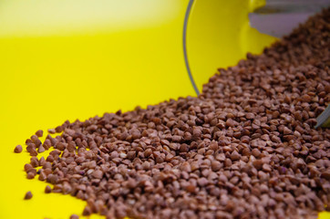 Buckwheat is scattered on a yellow background. Healthy diet concept.