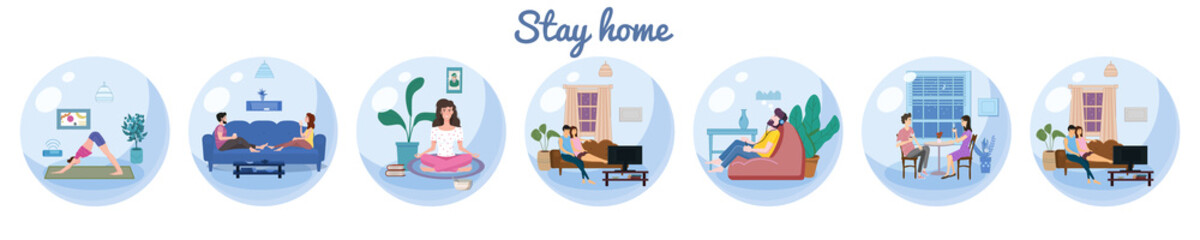 Set Stay home quarantine consept banners self isolation. Young couples and womens and men sitting at home