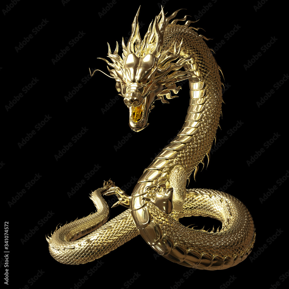 Wall mural full body gold dragon in smart pose with 3d rendering include alpha clipping path.