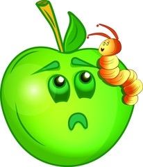 Vector illustration of a cute but sad green apple met with worm