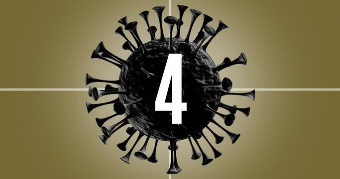 4K. real time countdown leader graphic counting from 9 to 0 with numerals reverse, Virus set to zero conccept in Red to green color