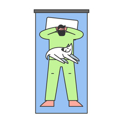 People Bedtime Concept. Man Hipster Sleeps On Comfortable Bed Put Hands On His Head At Home Or In Hotel. Pretty Dog Settled Down In Legs Of His Owner. Cartoon Linear Outline Flat Vector Illustration