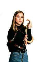 Beautiful woman in black bodywear and snake. Blonde model girl with fashion perfect make up.