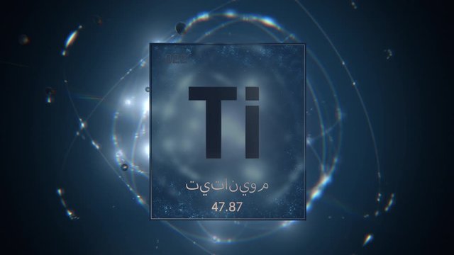 Titanium as Element 22 of the Periodic Table. Seamlessly looping 3D animation on blue illuminated atom design background orbiting electrons name, atomic weight element number in Arabic language