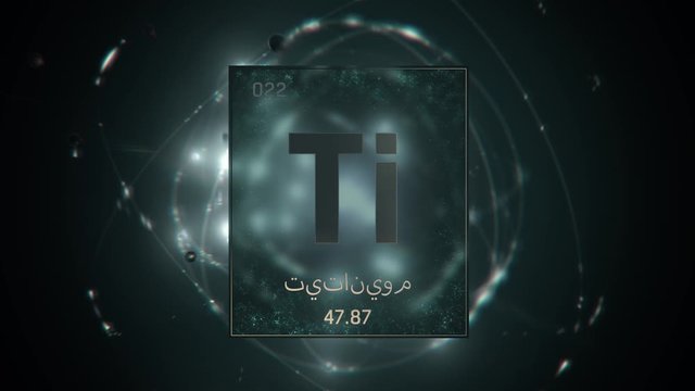 Titanium as Element 22 of the Periodic Table. Seamlessly looping 3D animation on green illuminated atom design background orbiting electrons name, atomic weight element number in Arabic language