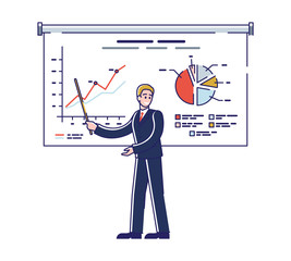 Financial Situation On Market. Businessman Stands At Screen And Makes Presentation Use Stick. Man Shows Financial Report In Form Of Graph And Chart. Cartoon Linear Outline Flat Vector Illustration