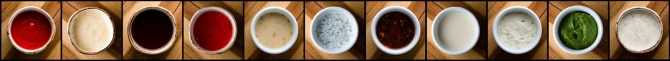 Set of different delicious sauces, top view. Banner design