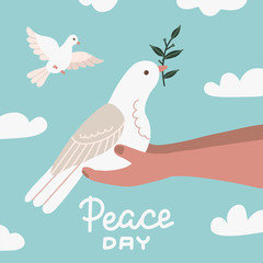 White Dove with Olive Branch sittting in human Hands. Peace Symbol. Pigeon Isolated Logo. White Flying Bird Emblem. Flat Dove Flat Sign. Peace day Poster illestration with sky and clouds.