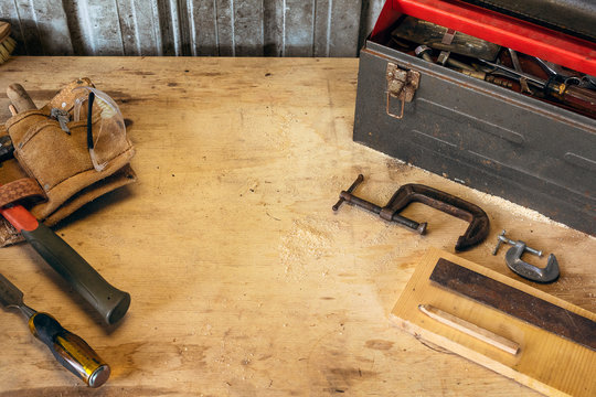 Top Down View of Work Bench - Tool Box - Tools - Carpentry - Construction