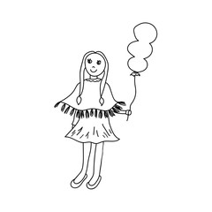 Funny illustration in cartoon style. Cute little girl with balloon