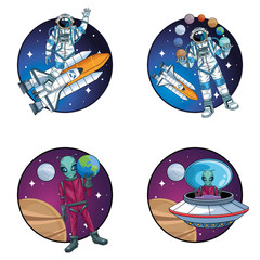 group of astronauts and aliens in the space characters