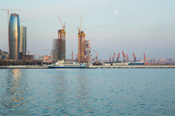 Panoramic view of the Caspian Sea in Baku. Panoramic view of Baku, Azerbaijan, skyline with historical and modern architecture. A bird's-eye view. Caspian Sea coast in Baku .