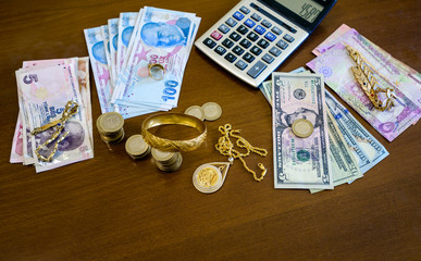 calculator, coins and paper banknotes.