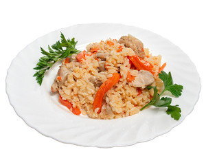 pilaf with chicken on a white background