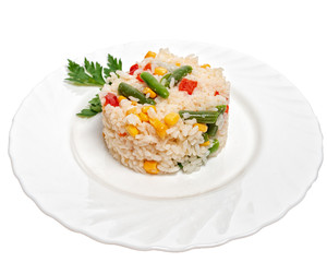 Rice with vegetables on a white background