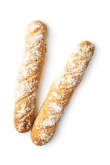 Two fresh whole grain bread baguettes.