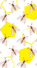 Wasp insect geometric vertical seamless wallpaper. Dangerous yellow bugs cover on white backdrop. Vector Bumblebee drawing mobile banner. Wild Nature graphic print