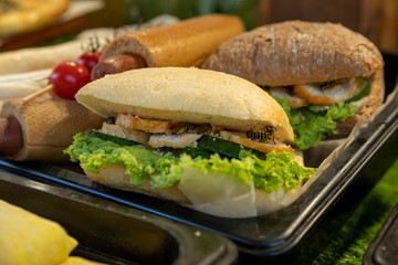 chicken sandwiches and hot dogs on a plate in an outdoor cafe