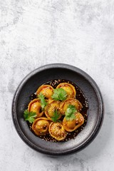 Dumplings with duck meat. Duck pelmeni. Hiqh quality photo. Best for promotion. Close-up and top view.