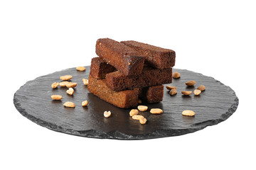 black bread croutons on a white background