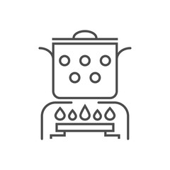 Hot cooking food related vector thin line icon. The pan is on the gas burner. Isolated on white background. Editable stroke. Vector illustration.