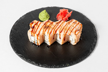 sushi rolls on a Board on a white background