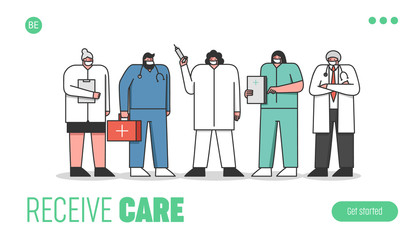 Hospital Professional Staff. Website Landing Page. Different Age Doctors In Medical Robe With Medical Tools Standing In A Row In Face Masks. Web Page Cartoon Linear Outline Flat Vector Illustration