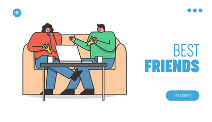 Concept Of Freelance Work, Friendship And Leisure. Website Landing Page. Couple Man And Woman Eating Pizza Talk, And Working On Laptop. Web Page Cartoon Linear Outline Flat Style. Vector Illustration