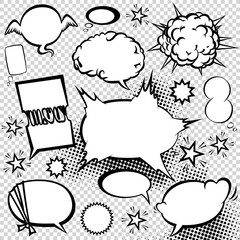 Comic style speech bubbles collection. Funny design vector items illustration. Icons in Pop art style on halftone background