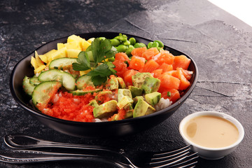 buddha bowl with salmon and avocado. Balanced detox trend snack
