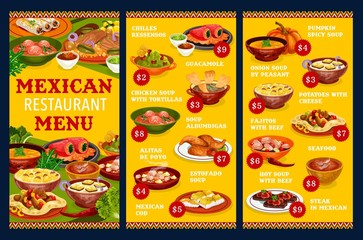 Mexican restaurant menu vector template with vegetable, meat and fish dishes. Beef fajitas, guacamole sauce and stuffed peppers, chicken wings, seafood salad, steak and estofado stew, soups, tortillas