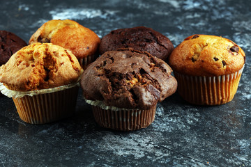 Chocolate muffin and nut muffin, homemade bakery on background.