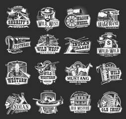 Wild West and Western vector icons. Cowboy, sheriff and bull skull, bandit hat and gun, ranger star, native american wagon, horseshoe and indian chief, texas saloon, rodeo horse, arrows and teepee