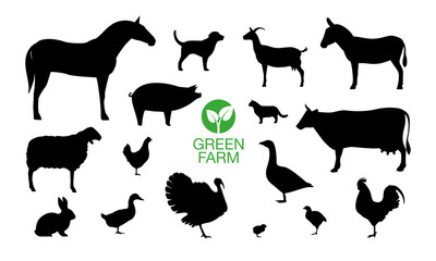 Farm Animals Icon Set With Green Farm Logo.
