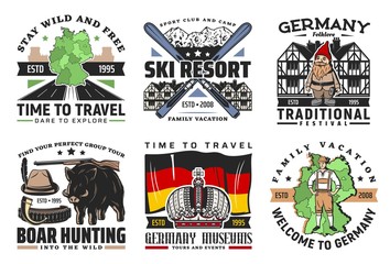 Germany vector icons of German travel and tourism traditional symbols. Flag, map and Bavarian buildings, hunter hat, hunting gun and boar, Alpine mountain ski resort, national costume, dwarf and crown