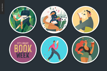 World Book Day stickers -book week events. Modern flat vector concept illustrations of people reading with enthusiasm forgetting about evrything surrounding. Lettering captions